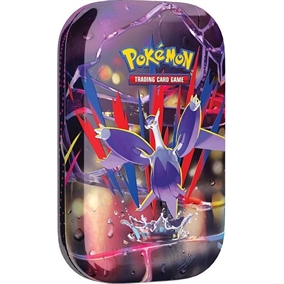 Pokémon Mini Tin featuring Mega Latios, includes booster packs, sticker sheet, and collectible art card in a metal display case